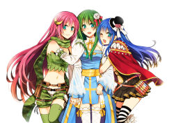 Rule 34 | 3girls, arch bishop (ragnarok online), arm hug, belt, black headwear, black legwear, blue dress, blue eyes, blue hair, blush, bow, bra strap, breasts, brown belt, brown dress, camouflage, camouflage scarf, camouflage shorts, cape, cleavage, cleavage cutout, closed mouth, clothing cutout, commentary request, creator (ragnarok online), crescent, crescent hair ornament, cross, dress, feet out of frame, fishnet legwear, fishnets, flower, frilled hat, frilled legwear, frills, gloves, green gloves, green hair, green legwear, green scarf, green shorts, green tube top, hair flower, hair ornament, hat, hat bow, juliet sleeves, long hair, long sleeves, looking at viewer, medium breasts, midriff, multiple girls, navel, one eye closed, open mouth, pink hair, pouch, puffy sleeves, ragnarok online, ranger (ragnarok online), red cape, sash, scarf, short dress, shorts, simple background, smile, strapless, striped clothes, striped legwear, striped thighhighs, thighhighs, top hat, tsuki miso, tube top, two-tone dress, white background, white bow, white dress, white flower, white gloves, white legwear, yellow sash