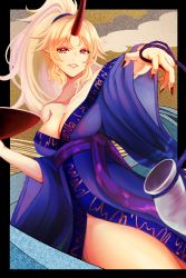 Rule 34 | 1girl, absurdres, blonde hair, blue kimono, breasts, cleavage, collarbone, cup, equality taira, highres, horns, hoshiguma yuugi, hoshiguma yuugi (kimono), japanese clothes, kimono, large breasts, nail polish, off shoulder, official alternate costume, pointy ears, ponytail, red eyes, red nails, sakazuki, single horn, smile, solo, touhou, v-shaped eyebrows