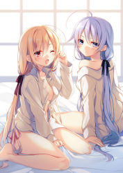 Rule 34 | 2girls, ;o, bare legs, bare shoulders, bed sheet, black ribbon, blonde hair, blouse, blue eyes, blue hair, blush, breasts, collarbone, dress shirt, expressionless, from side, hair between eyes, highres, indoors, light purple hair, long hair, looking at viewer, low twintails, medium breasts, multiple girls, naked shirt, nightgown, off shoulder, on bed, one eye closed, open clothes, open mouth, open shirt, original, panties, pink panties, red eyes, red ribbon, ribbon, rubbing eyes, sheet grab, shirt, side-tie panties, sitting, toosaka asagi, twintails, unbuttoned, underwear, very long hair, waking up, wariza, white shirt, window, yawning
