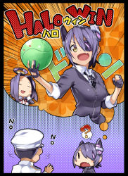 Rule 34 | 10s, :d, admiral (kancolle), blush, crossover, english text, engrish text, eyepatch, fang, gloves, gundam, halloween, halo, haro, headgear, kantai collection, mechanical halo, multiple girls, necktie, open mouth, personification, pun, purple hair, ranguage, school uniform, short hair, skirt, sleeves rolled up, smile, tatsuta (kancolle), tenryuu (kancolle), thighhighs, thought bubble, yellow eyes, yuuzii