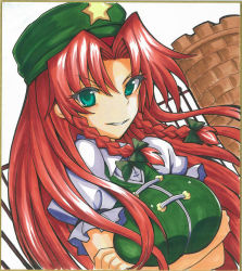 Rule 34 | 1girl, beret, blue eyes, bow, braid, breasts, crossed arms, dutch angle, gate, hair bow, hat, hong meiling, large breasts, long hair, marker (medium), red hair, shikishi, side braid, solo, star (symbol), touhou, traditional media, twin braids, yagami (mukage)
