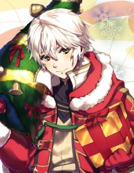 Rule 34 | 1boy, bell, cape, christmas, christmas tree, danno gs, fire emblem, fire emblem awakening, fire emblem heroes, fur trim, gloves, hat, highres, hood, looking at viewer, male focus, nintendo, red gloves, robe, robin (fire emblem), robin (male) (fire emblem), sack, santa costume, santa hat, short hair, simple background, smile, solo, white hair
