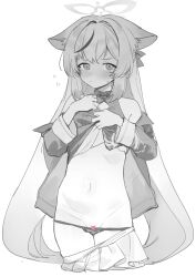 Rule 34 | 1girl, absurdres, blue archive, blush, censored, closed mouth, djheycha, greyscale, halo, heart, heart censor, highres, jacket, kokona (blue archive), long hair, long sleeves, looking at viewer, monochrome, multicolored hair, navel, panties, panty pull, simple background, solo, standing, stomach, streaked hair, underwear, very long hair, white background