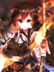 Rule 34 | 10s, 1girl, bad id, bad pixiv id, blood, bow (weapon), brown eyes, burning, burnt clothes, fire, fire, highres, injury, kaga (kancolle), kantai collection, looking at viewer, miyakura shiiha, muneate, scratches, side ponytail, solo, weapon