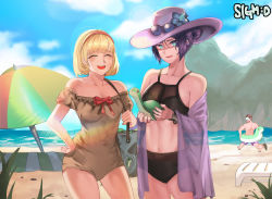 Rule 34 | 1boy, 2girls, ^ ^, absurdres, animification, apex legends, beach, black hair, black one-piece swimsuit, blonde hair, blue eyes, bracer, breasts, brown hair, brown one-piece swimsuit, closed eyes, cloud, collarbone, eyewear on headwear, goggles, hat, highres, holding, holding stuffed toy, innertube, junho, lens flare, looking to the side, medium breasts, mirage (apex legends), multiple girls, navel, nessie (respawn), ocean, off-shoulder one-piece swimsuit, off shoulder, one-piece swimsuit, purple headwear, purple shawl, purple shorts, running, sandals, shawl, shorts, sky, smile, stuffed toy, sun hat, sweat, swim ring, swimsuit, topless male, towel, umbrella, wattson (apex legends), wraith (apex legends)