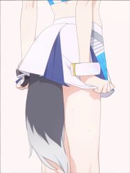 Rule 34 | 1girl, bangle, blue archive, bracelet, close-up, clothes pull, commentary, dog girl, dog tail, english commentary, from behind, head out of frame, hibiki (blue archive), hibiki (cheer squad) (blue archive), highres, holding, jewelry, lower body, millennium cheerleader outfit (blue archive), mimitoke, official alternate costume, shirt, skirt, skirt pull, solo, sweat, tail, thighs