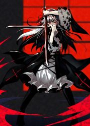 Rule 34 | 1girl, black dress, black pantyhose, covered mouth, cross, crossed swords, doll joints, dress, dual wielding, frilled sleeves, frills, gothic lolita, hairband, hellsing, holding, joints, juliet sleeves, katana, lolita fashion, lolita hairband, long hair, long sleeves, looking at viewer, one-hour drawing challenge, pantyhose, puffy sleeves, red eyes, rozen maiden, sidelocks, silver hair, solo, suigintou, sword, tousen, unsheathed, weapon, wide sleeves