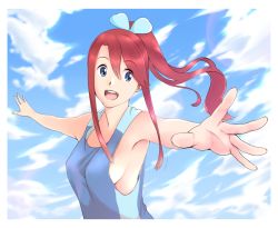 Rule 34 | 1girl, blue eyes, bow, breasts, cloud, creatures (company), egooo, game freak, gym leader, large breasts, long hair, looking at viewer, nintendo, no bra, open mouth, outdoors, outstretched arms, pokemon, ponytail, red hair, sideboob, sky, skyla (pokemon), smile, solo, spread arms, upper body