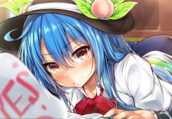 Rule 34 | 1girl, bad id, bad nicoseiga id, black hat, blue hair, blush, bow, collarbone, english text, food, fruit, hat, hinanawi tenshi, leaf, long hair, looking at viewer, lying, on stomach, peach, red bow, red eyes, smile, solo, touhou, wrist cuffs, yes, yuhito (ablbex)