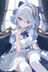 1girl absurdres blue_bow blue_bowtie blue_dress blue_eyes blue_hair bow bowtie breasts couch cowlick dress drop-shaped_pupils frilled_dress frills furina_(genshin_impact) genshin_impact grey_hair heterochromia highres light_blue_hair light_particles long_hair looking_at_viewer on_couch parted_lips puffy_short_sleeves puffy_sleeves rrr_gns_(riuriu_1212) short_sleeves sitting small_breasts solo symbol-shaped_pupils thighhighs two-tone_dress wavy_hair white_dress white_thighhighs