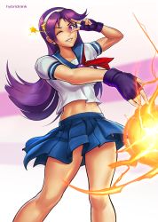 Rule 34 | 1girl, asamiya athena, breasts, commentary, earrings, english commentary, fingerless gloves, gloves, hair ornament, hairband, hybridmink, jewelry, long hair, looking at viewer, purple eyes, purple hair, school uniform, skirt, smile, solo, star (symbol), star hair ornament, the king of fighters