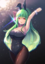 Rule 34 | 1girl, animal ears, arm up, bare arms, bare shoulders, black leotard, breasts, c.c., cleavage, code geass, commentary request, covered navel, cowboy shot, fake animal ears, green hair, hand in own hair, highres, large breasts, leotard, long hair, looking at viewer, pantyhose, playboy bunny, poka poka neko, rabbit ears, solo, sparkle, strapless, strapless leotard, twitter username, very long hair, wrist cuffs, yellow eyes