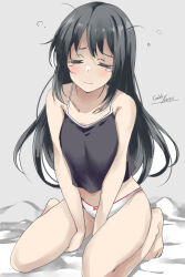Rule 34 | 1girl, = =, asashio (kancolle), barefoot, black camisole, black hair, camisole, closed eyes, gakky, kantai collection, kneeling, long hair, messy hair, one-hour drawing challenge, panties, sleepy, solo, tears, underwear, white panties