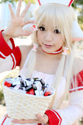 Rule 34 | 1girl, apron, asian, bare shoulders, basket, blonde hair, breasts, candy, chii, chii (cosplay), chobits, cosplay, detached sleeves, dress, dutch angle, food, kipi-san, long hair, looking at viewer, mole, outdoors, persocom, photo (medium), sidelocks, small breasts, solo, waitress, waitress uniform