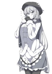 Rule 34 | 1girl, absurdres, alternate costume, blush, breasts, coat, cold, cowboy shot, flying sweatdrops, gloves, greyscale, hands up, hat, highres, hinanawi tenshi, long hair, looking at viewer, medium breasts, miniskirt, monochrome, neropaso, pantyhose, scarf, simple background, skirt, solo, standing, touhou, white background