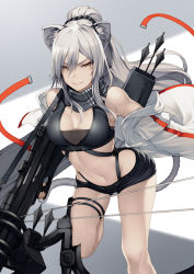 Rule 34 | 1girl, animal ear fluff, animal ears, arknights, arrow (projectile), bag, banned artist, bare shoulders, black scarf, black shorts, bow (weapon), breasts, buckle, cat ears, cat tail, cleavage, closed mouth, commentary request, crop top, crossbow, earpiece, groin, hair between eyes, holding, holding crossbow, holding weapon, jacket, kyoeiki, large breasts, long hair, midriff, navel, off shoulder, open clothes, open jacket, partial commentary, ponytail, pouch, quiver, scarf, schwarz (arknights), short shorts, shorts, shoulder bag, sidelocks, silver hair, simple background, skindentation, snap-fit buckle, solo, standing, standing on one leg, tail, thigh pouch, underbust, weapon, white background, white jacket, yellow eyes