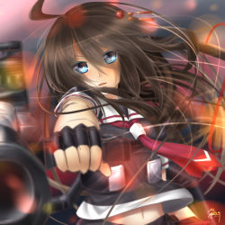 Rule 34 | 10s, 1girl, ahoge, aiming, aiming at viewer, blue eyes, brown hair, fingerless gloves, gloves, hair down, hair ornament, highres, kantai collection, long hair, looking at viewer, necktie, open mouth, school uniform, seiya (iiseven), serafuku, shigure (kancolle), solo, upper body, wind