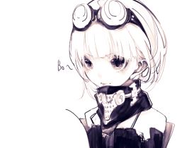 Rule 34 | 1girl, brown eyes, brown theme, character request, copyright request, gas mask, goggles, goggles on head, looking down, looking to the side, mask, monochrome, pale color, riuichi, sidelocks, simple background, sketch, solo, upper body, white background, white hair, white theme