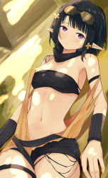 Rule 34 | 1girl, absurdres, arknights, arm strap, bandeau, bare arms, bare shoulders, black hair, black scarf, black shorts, breasts, chinese commentary, cleavage, coldcat., commentary request, cowboy shot, eunectes (arknights), goggles, goggles on head, highres, looking at viewer, medium breasts, midriff, nail polish, navel, partial commentary, pointy ears, purple eyes, scarf, short hair, short shorts, shorts, solo, standing, stomach, strapless, thigh strap, tube top, wristband