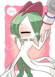 Rule 34 | 1girl, blush, closed eyes, colored skin, creatures (company), dynamax band, game freak, gen 3 pokemon, gloria (pokemon), green hair, heavy breathing, highres, holding hands, horns, ino (tellu0120), kirlia, multicolored skin, nintendo, out of frame, pink background, pokemon, pokemon (creature), pokemon swsh, sidelocks, simple background, square, sweater, two-tone skin, white skin