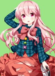 Rule 34 | 1girl, :o, arm behind head, blue shirt, bow, bowtie, bubble skirt, buttons, character cutout, green background, hair between eyes, hata no kokoro, highres, holding, holding mask, long hair, mask, unworn mask, pink bow, pink eyes, pink hair, plaid, plaid shirt, red skirt, ruu (tksymkw), shirt, simple background, skirt, solo, touhou, very long hair