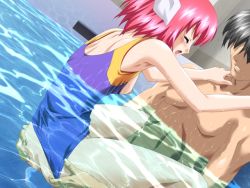 Rule 34 | 1boy, 1girl, blush, breasts, clothed female nude male, clothed sex, game cg, hetero, hitozuma hime club, kawasaki nana, nude, partially submerged, pink hair, sex, small breasts, uncensored, underwater sex, water