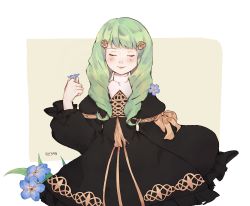 1girl absurdres artist_name astroppy blush bow closed_eyes dress drill_hair female_focus fire_emblem fire_emblem:_three_houses flayn_(fire_emblem) flower forget-me-not_(flower) green_hair hair_ornament hairclip highres jewelry long_hair nintendo ring signature solo white_background