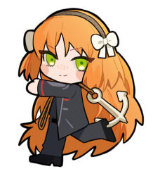 Rule 34 | 1girl, anchor, black jacket, blush, bow, brown hairband, chibi, closed mouth, freckles, green eyes, hair bow, hairband, ishmael (project moon), jacket, limbus company, long hair, looking at viewer, non tarou, orange hair, project moon, simple background, smile, solo, very long hair, white background, white bow