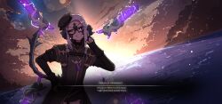 Rule 34 | 1girl, absurdres, asashi amano, au ra, warrior of light (ff14), black-framed eyewear, cloud, dragon horns, dragon tail, english text, female focus, final fantasy, final fantasy xiv, floating, floating object, floating weapon, grin, gun, hand on own hip, hand up, hat, highres, horns, index finger raised, jewelry, looking at viewer, ocean, one eye closed, pendant, purple eyes, shuuko (s h uuko), sky, smile, solo, sunrise, tail, tail raised, weapon