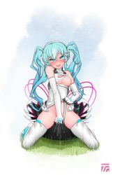 Rule 34 | 1girl, aqua eyes, aqua hair, blush, breasts, breasts out, elbow gloves, female ejaculation, female masturbation, full body, gloves, goodsmile company, goodsmile racing, hatsune miku, headphones, highres, kneeling, long hair, looking at viewer, masturbation, medium breasts, nipples, open mouth, pussy juice, race queen, racing miku, racing miku (2014), solo, thighhighs, twintails, vocaloid