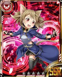 Rule 34 | 10s, animal ears, armor, black skirt, black thighhighs, breastplate, brown hair, card (medium), cat ears, cat tail, hair ribbon, leg up, open mouth, pleated skirt, red eyes, red ribbon, ribbon, short hair, silica, silica (sao-alo), skirt, solo, star (symbol), sword art online, tail, thighhighs, zettai ryouiki