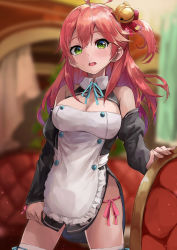Rule 34 | ahoge, alternate costume, bare shoulders, bell, blurry, breasts, cleavage, collared dress, cosplay, depth of field, detached sleeves, dream c club, dream c club (series), dream c club uniform, dress, green eyes, hair bell, hair between eyes, hair ornament, highres, hololive, indoors, konkito, long hair, looking at viewer, one side up, open mouth, pink hair, sakura miko, sakura miko (1st costume), solo, standing, teeth, thighhighs, upper teeth only, virtual youtuber, white thighhighs