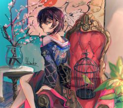 Rule 34 | 1girl, artist name, bird, birdcage, blue eyes, cage, cherry blossoms, facing away, green bird, highres, japanese clothes, kimono, leaf, leather chair, looking at viewer, looking back, original, painting (object), plant, short hair, sitting, tukagamikagera023