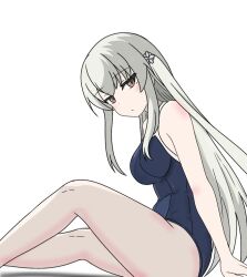 Rule 34 | 1girl, :/, arm at side, assault lily, bare arms, bare legs, bare shoulders, blue one-piece swimsuit, blush, breasts, brown eyes, closed mouth, egawa kusumi, feet out of frame, flower, from side, grey hair, hair flower, hair ornament, kimassi, knee up, long hair, looking at viewer, looking to the side, medium breasts, one-piece swimsuit, school swimsuit, sidelocks, simple background, sitting, solo, swimsuit, very long hair, white background, white flower