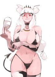 Rule 34 | 1girl, 33dot, absurdres, animal print, bell, bikini, black tail, blunt bangs, breast hold, breasts, cow print, cowbell, cup, demon girl, demon horns, demon tail, drinking glass, elbow gloves, gloves, hairband, helltaker, highres, holding, holding cup, horns, large breasts, long hair, looking at viewer, low-tied long hair, lucifer (helltaker), milk, mole, mole under eye, navel, neck bell, print bikini, print gloves, print thighhighs, ringed eyes, side-tie bikini bottom, slit pupils, solo, spiked hairband, spikes, standing, swimsuit, tail, thighhighs, white background, white horns, wine glass