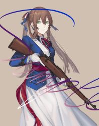Rule 34 | 1girl, battle rifle, bolt action, breasts, brown background, closed mouth, girls&#039; frontline, gloves, green eyes, gun, hair ribbon, holding, holding gun, holding weapon, lips, long hair, long sleeves, looking at viewer, m1903 springfield, medium breasts, mik blamike, military, military uniform, neck ribbon, orange hair, red ribbon, ribbon, rifle, skirt, smile, solo, springfield (girls&#039; frontline), standing, uniform, weapon, white gloves, white skirt