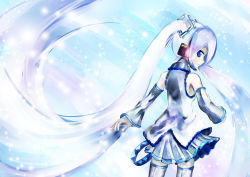 Rule 34 | 1girl, aqua background, blue eyes, detached sleeves, from behind, hatsune miku, headphones, long hair, looking at viewer, shino (lunar crescent), skirt, smile, snowflakes, solo, star (symbol), starry background, thighhighs, twintails, very long hair, vocaloid, white hair, white thighhighs, yuki miku, zettai ryouiki