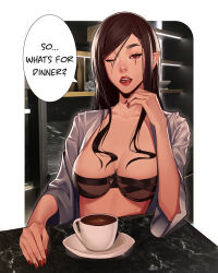Rule 34 | 1girl, absurdres, black bra, bra, breasts, brown hair, cafe, cleavage, coffee, fingernails, hand on own chin, hand on table, hand up, highres, indoors, inhoso, long hair, looking at viewer, medium breasts, one eye closed, open clothes, open mouth, open shirt, original, pov, red eyes, red lips, red nails, sharp fingernails, shirt, sitting, sleeves past elbows, solo, speech bubble, straight hair, strapless, strapless bra, talking, teeth, triangle facial mark, underwear, upper body, white shirt