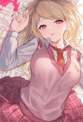 Rule 34 | 1girl, absurdres, ahoge, akamatsu kaede, blonde hair, blood, blush, breasts, danganronpa (series), danganronpa v3: killing harmony, fortissimo, hair ornament, highres, large breasts, long hair, long sleeves, looking at viewer, lying, musical note, musical note hair ornament, necktie, on back, open mouth, pink blood, pink vest, pleated skirt, school uniform, shirt, skirt, smile, solo, sweater vest, vest, white shirt, yuzutouhu ika
