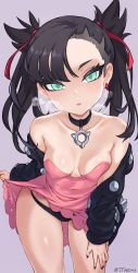 Rule 34 | 1girl, aqua eyes, asymmetrical bangs, black jacket, black nails, black panties, breasts, breasts apart, breath, choker, cleavage, clothes lift, collarbone, creatures (company), dress, dress lift, game freak, hand on own thigh, highres, jacket, jtveemo, leaning forward, marnie (pokemon), nail polish, nintendo, off shoulder, panties, parted lips, pink dress, pokemon, pokemon swsh, solo, thigh gap, twintails, underwear