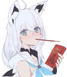Rule 34 | 1girl, ahoge, animal ears, blush, box, braid, commentary, earrings, food, food in mouth, fox ears, fox girl, from side, green eyes, hair between eyes, holding, holding box, hololive, izumi sai, jewelry, long hair, looking at viewer, pocky, pocky day, shirakami fubuki, shirakami fubuki (1st costume), simple background, single earring, sketch, solo, virtual youtuber, white background, white hair