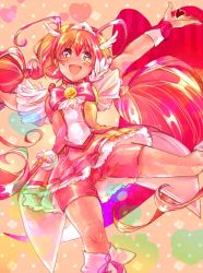 Rule 34 | 10s, 1girl, :d, antenna hair, arm up, bad id, bad pixiv id, bike shorts, bike shorts under skirt, bow, bowtie, brooch, choker, cure happy, dress, floral background, happy, head wings, heart, hoshizora miyuki, jewelry, long hair, magical girl, open mouth, pink bow, pink bowtie, pink dress, pink eyes, pink hair, pink shorts, pink skirt, pink theme, polka dot, polka dot background, precure, sepia background, shorts, shorts under skirt, skirt, smile, smile precure!, solo, tagada, tiara, twintails, wings, wrist cuffs