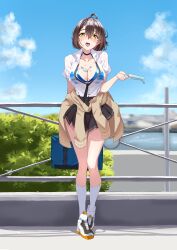 Rule 34 | 1girl, absurdres, ahoge, arm behind back, azur lane, bag, baltimore (after-school ace) (azur lane), baltimore (azur lane), bikini, bikini under clothes, black choker, black necktie, black skirt, blue bikini, blue sky, blush, braid, breasts, brown hair, cardigan, cardigan around waist, choker, cleavage, clothes around waist, cloud, collarbone, collared shirt, commentary, day, food, french braid, full body, hair between eyes, highres, holding, holding bag, holding food, holding popsicle, kneehighs, large breasts, looking at viewer, loose necktie, melting, necktie, official alternate costume, open mouth, outdoors, partially unbuttoned, pleated skirt, popsicle, school bag, school uniform, see-through, see-through shirt, sexually suggestive, shadow, shirt, shoes, short hair, short sleeves, sidelocks, skirt, sky, sneakers, socks, solo, standing, suggestive fluid, sweat, swimsuit, td (tandeom97), teeth, tongue, tongue out, upper teeth only, wet, wet clothes, wet shirt, white footwear, white shirt, white socks, yellow eyes