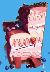 Rule 34 | 1girl, :o, animal slippers, blue background, blue dress, blueberry, blush, breasts, brown hair, bunny slippers, cake, cake slice, collared dress, couch, cropped, cross-section, donuttypd, dress, eating, female focus, food, fork, from side, fruit, full body, hair over shoulder, hand up, holding, holding fork, in food, legs together, long hair, long sleeves, looking to the side, low twintails, open mouth, original, oversized food, oversized object, plate, puffy long sleeves, puffy sleeves, red eyes, shade, shoe dangle, simple background, sitting, slippers, small breasts, solo, strawberry, strawberry shortcake, themed object, twintails, whipped cream