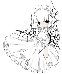 Rule 34 | 1girl, absurdres, black eyes, blunt bangs, blush stickers, closed mouth, dot mouth, dress, highres, kennin5, limited palette, looking at viewer, maid, maid headdress, medium hair, mole, mole under eye, no nose, original, petticoat, pleated dress, puffy short sleeves, puffy sleeves, shirt, short sleeves, simple background, solo, straight hair, upper body, white background, white dress, white hair, white shirt
