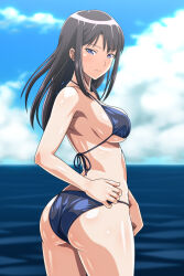 Rule 34 | 1girl, anime coloring, ass, bikini, black bikini, black hair, blue bikini, blue eyes, blue sky, breasts, closed mouth, cloud, commentary request, cowboy shot, day, from behind, halterneck, hand on own hip, horizon, large breasts, long hair, looking at viewer, looking back, medium breasts, monteriakitto, ocean, original, outdoors, panties, shiny skin, sideboob, sidelocks, sky, smile, solo, standing, swimsuit, underwear