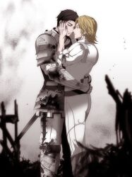 Rule 34 | 2boys, armor, arms around waist, blonde hair, blood, blood on clothes, blurry, blurry foreground, brown hair, closed eyes, couple, dion lesage, earrings, feet out of frame, final fantasy, final fantasy xvi, hands on another&#039;s face, highres, jewelry, looking at another, male focus, medium hair, megubiru, metal gloves, multiple boys, pants, puffy sleeves, shirt, short hair, shoulder armor, swept bangs, terrence (ff16), white pants, white shirt, yaoi