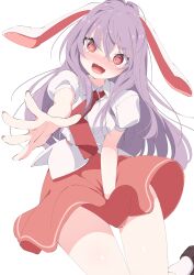 Rule 34 | 1girl, @ @, absurdres, animal ears, blush, brown footwear, collared shirt, commentary request, hair between eyes, highres, light purple hair, long hair, necktie, open mouth, pink skirt, puffy short sleeves, puffy sleeves, rabbit ears, red eyes, red necktie, reisen udongein inaba, shirt, shoes, short sleeves, simple background, skirt, socks, solo, touhou, tsukimirin, white background, white shirt, white socks