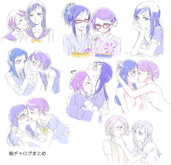 Rule 34 | 2girls, alternate costume, alternate hairstyle, blue hair, blush, braid, breasts, closed eyes, completely nude, couple, dokidoki! precure, eye contact, glasses, hair ornament, hair up, hairclip, half updo, head hug, head rest, hishikawa rikka, holding another&#039;s wrist, hug, japanese clothes, kenzaki makoto, kimono, kiss, kissing neck, long hair, looking at another, multiple girls, negom, nipples, nude, ponytail, precure, purple hair, school uniform, short hair, simple background, sketch, small breasts, tongue, wavy mouth, white background, yukata, yuri
