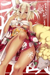 Rule 34 | 1girl, 2015, bare shoulders, blonde hair, breasts, chinese zodiac, dark-skinned female, dark skin, female focus, glasses, hair between eyes, hair ornament, highres, japanese clothes, kantai collection, kimono, large breasts, looking at viewer, musashi (kancolle), nengajou, new year, red background, red eyes, short hair with long locks, smile, solo, tagme, two side up, underboob, year of the goat, yuu sagi
